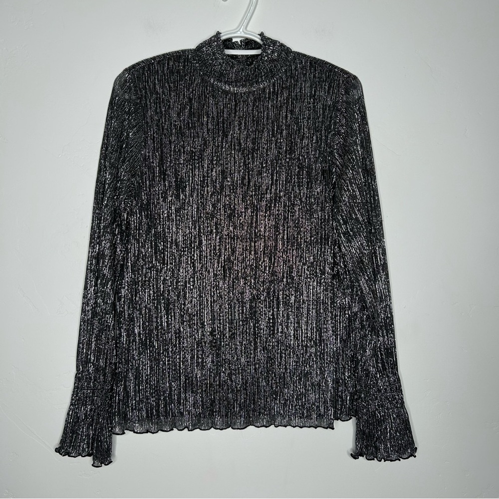 Chicos Black Silver Metallic Long‎ Sleeve Top Size Medium Holiday Party Sparkle